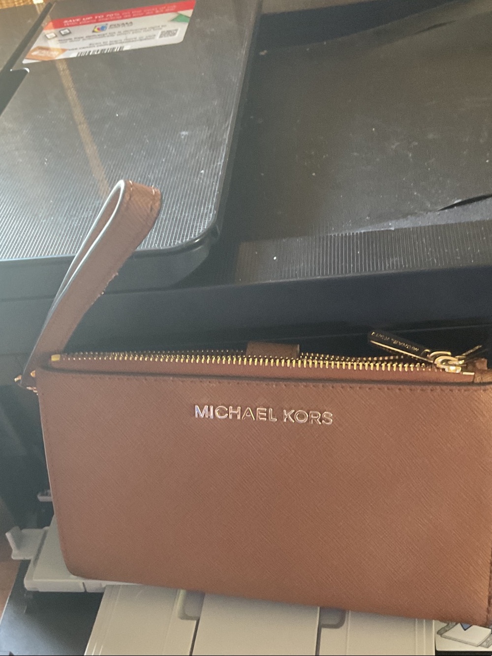 MICHAEL KORS Tan Leather Wristlet Wallet with Gold Hardware